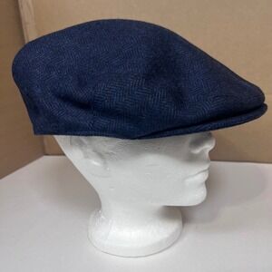 Voboom Mens Navy Blue Herringbone Wool Blend Ivy Flat Cap Hat Size 63cm 7 3/4